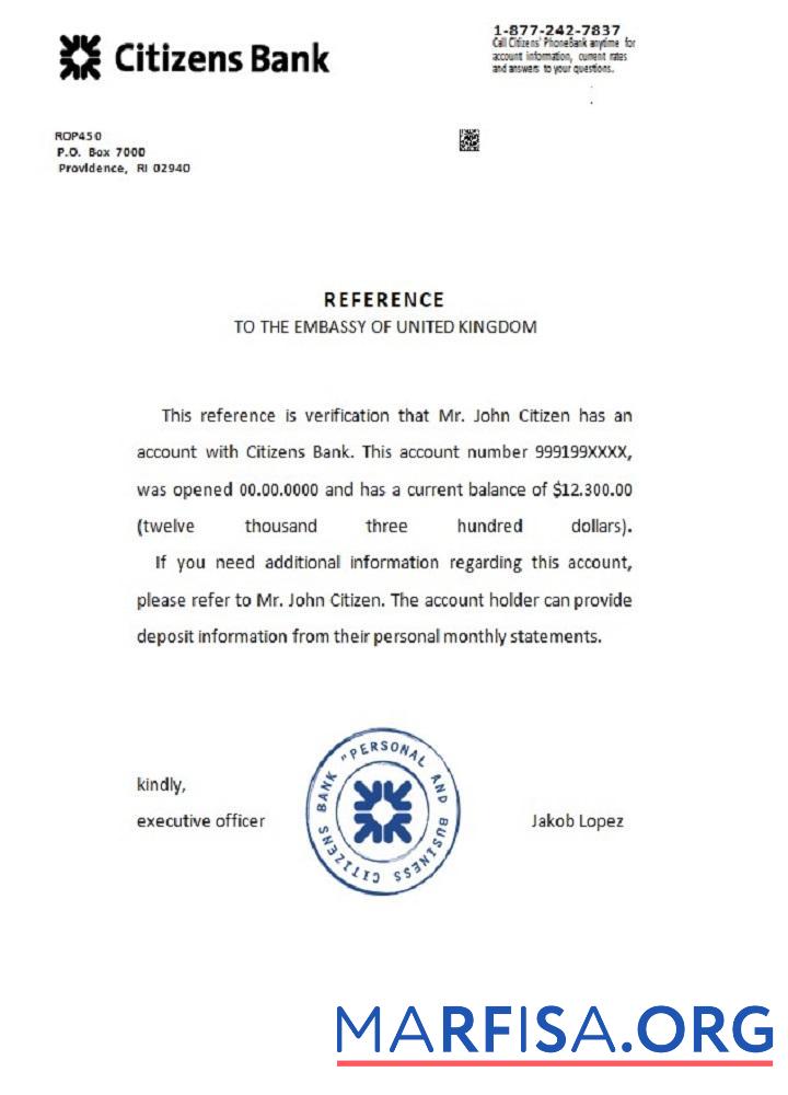 Blank USA Citizens Bank reference sample